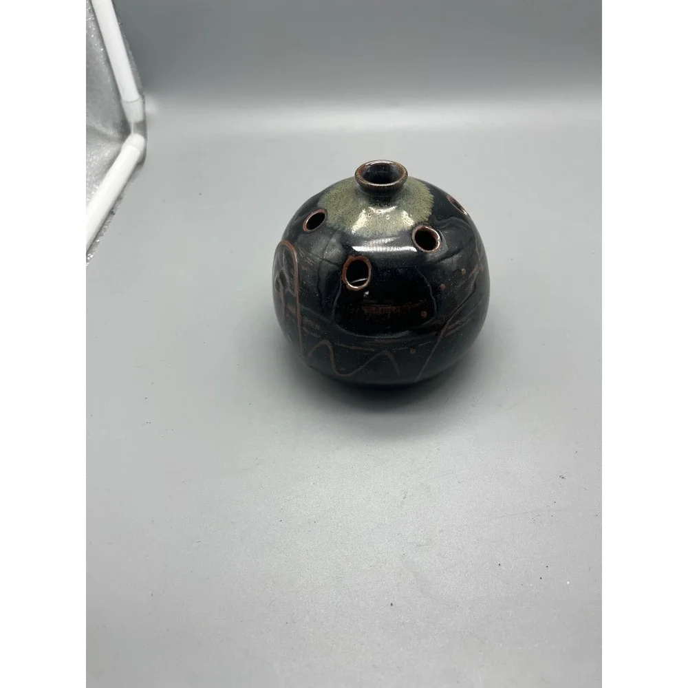 Marlow Signed Studio Pottery Flower Frog‎ Vase Black Brown Glazed Orb Ceramic